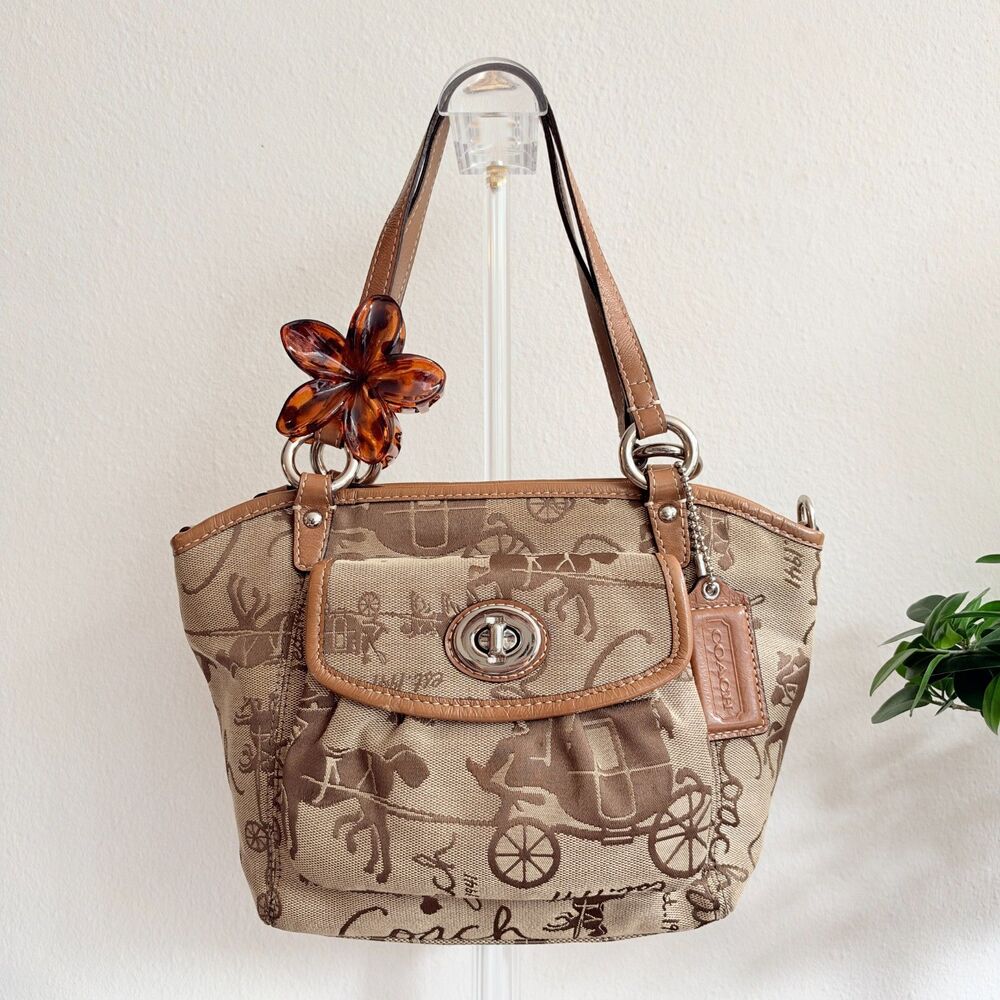 Coach Leah Heritage Carriage F14855 Khaki Brown Canvas Shoulder Bag Y2K